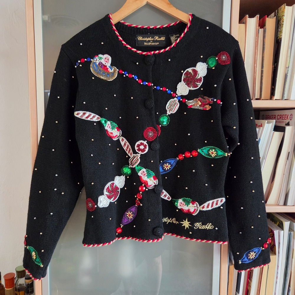 Christopher Radko BellePointe Christmas Cardigan Beaded Sequin Santa Black Small